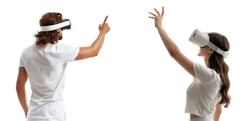 Behind of Young man and woman using virtual reality headset. VR technology concept, isolated on white background, png