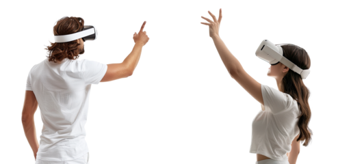 Behind of Young man and woman using virtual reality headset. VR technology concept, isolated on white background, png