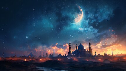 Surreal artwork depicting an Eastern city beneath a giant moon and starry sky, evoking a sense of wonder