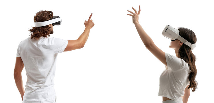 Behind of Young man and woman using virtual reality headset. VR technology concept, isolated on white background, png