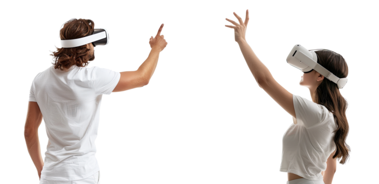 Behind of Young man and woman using virtual reality headset. VR technology concept, isolated on white background, png