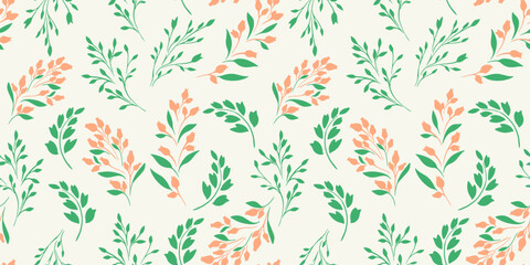 Simple seamless pattern with abstract shapes tiny branches, little flowers buds. Small green silhouettes floral stems printing on a light background. Vector hand drawing sketch