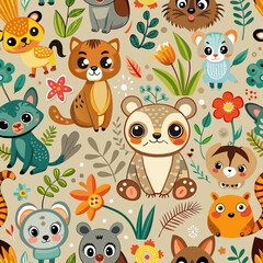 Cute painted cartoon animals on a beige background, drawing for different types of printing.
