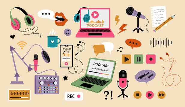 Podcast. Gadgets for web audio or video streaming headphones microphones laptop recording stuff recent vector stylized flat illustrations