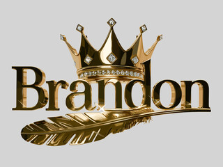 Brandon Name Logo Design Background, Brandon Name in Elegant Font, Gold Crown with feather, Vector Format