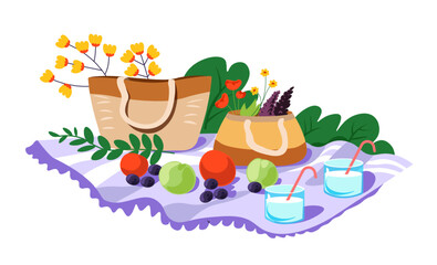 a Basket And Food On Blanket