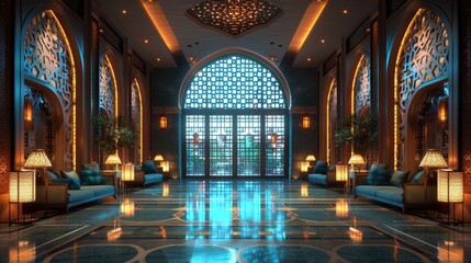 Obraz premium Serene blues and greens Combined with a warm golden hue Embrace Islamic geometric patterns to create sacred symmetry. The design combines the serene nature of the dawn and dusk sky.