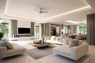 Interior design. Computer Generated Image Of Modern apartment living room. Architectural Visualization. 3D Render.
