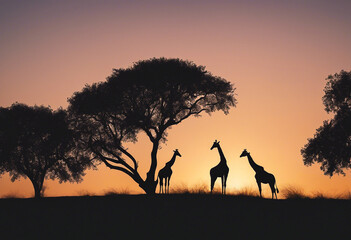 Landscape with silhouettes of giraffes near trees in the evening