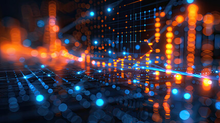 Abstract futuristic background with glowing blue and orange lights, representing digital data and technology.