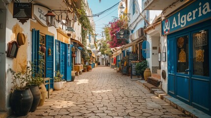 A picturesque alleyway in Algeria, lined with traditional blue doors and flower pots, evokes a sense of local culture and charm