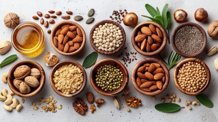 Illustration of vitamin E benefits with foods like nuts and seeds, focusing on skin health.