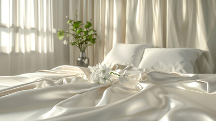 bedroom interior with white bed linen and beige satin fabric