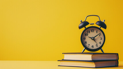 black alarm clock and books on table against yellow background with copy space for text