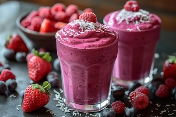 Coconut Berry Smoothie - Purple with coconut shavings and berries. 