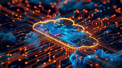 Vibrant digital representation of a cloud computing network, highlighting the intricate connections and data flow in modern technology.