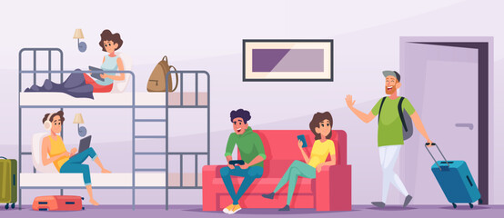 Hostel open space room with students sleeping sitting playing walking reading