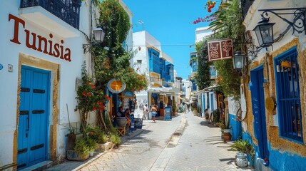 A vibrant street in Tunisia with iconic blue doors, white walls, and people enjoying the local cafés