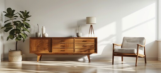 Minimalist Midcentury Modern Wooden Sideboard with Chair and Lamp