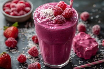 Coconut Berry Smoothie - Purple with coconut shavings and berries. 