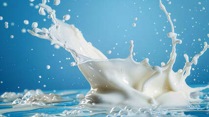 Milk pouring and splashing on blue background