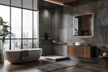 Contemporary Wooden Panel Bathroom with White Sink and Bathtub