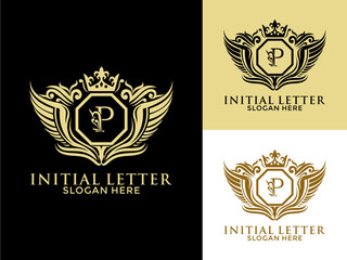 Luxury royal wing Letter P Logo vector, Luxury wing crown emblem alphabets logo design template