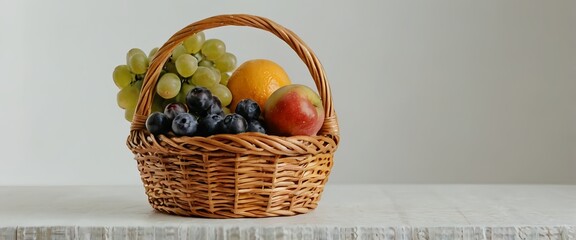 Various fresh fruits in a basket on white background, health eating concept, food flat lay, for website, banners and marketing materials and copy space