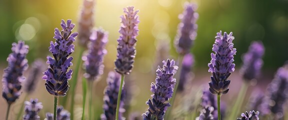 Lavender flower background with beautiful purple colors and bokeh lights. Blooming lavender in a field at sunset. Close up. Selective focus
