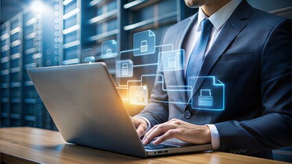 Document management system (DMS) technology, businessman use laptop with database folder online to store files document data digital. file storage process with security