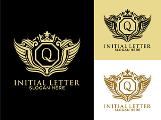 Luxury royal wing Letter Q Logo vector, Luxury wing crown emblem alphabets logo design template