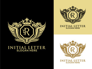 Luxury royal wing Letter R Logo vector, Luxury wing crown emblem alphabets logo design template