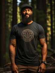 T-shirt design encapsulating wildlife, forest, hiking, mountains, outdoor, trees, and nature themes, set against a black background