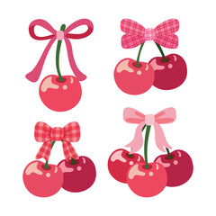Hand Drawn Cherry and Bow Coquette Vector Illustration in Flat Style