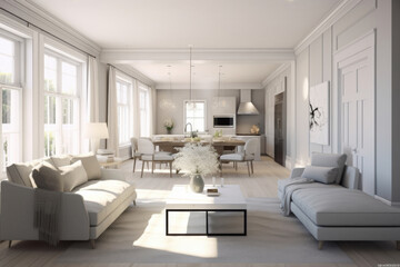 Interior design. Computer Generated Image Of Modern apartment living room. Architectural Visualization. 3D Render.
