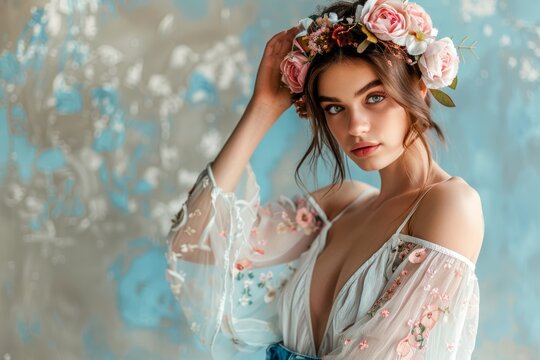 Naklejki Elegant woman with a floral headband, in a sheer blouse and bell-bottom jeans, ai generated