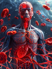 Illustration of a human figure showing muscles and blood vessels surrounded by red blood cells, created by artificial intelligence