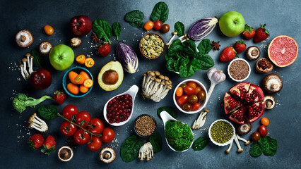 Banner. Top view from Healthy food clean eating selection: Fruits, vegetables, berries and mushrooms. Healthy food.