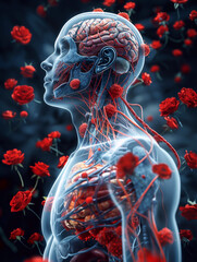 Illustration of a human figure showing muscles and blood vessels surrounded by red roses, created by artificial intelligence. 