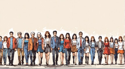 Fototapeta premium Teamwork, Stride in unity a group of individuals walking as one, bound by a common purpose. Together, they navigate challenges, support each other, and march towards success with determination and so