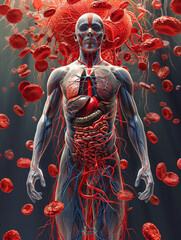 Illustration of a human figure showing muscles and blood vessels surrounded by red blood cells, created by artificial intelligence