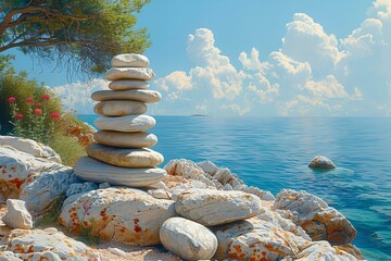 Depicting a  stack of stones sitting on top of rocks with blue water - Powered by Adobe