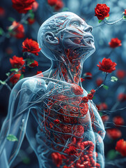 Illustration of a human figure showing muscles and blood vessels surrounded by red roses, created by artificial intelligence. 