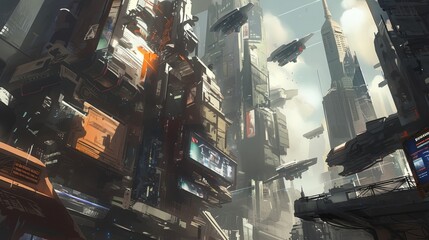 A sprawling cityscape filled with tall gleaming buildings and a constant buzz of flying vehicles zipping through the air.