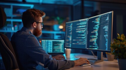 A software developer is engrossed in writing code on dual monitors, indicative of the concentration required in software engineering. AIG41