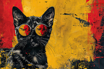 Banner, poster in grunge style with the image of a black cat in sunglasses. Generated by artificial intelligence