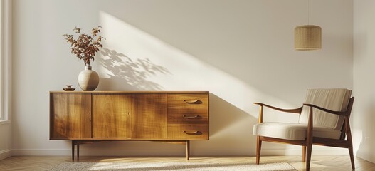 Minimalist Midcentury Modern Wooden Sideboard with Chair and Lamp