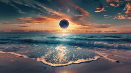 Solar eclipse illustration. Above the water
