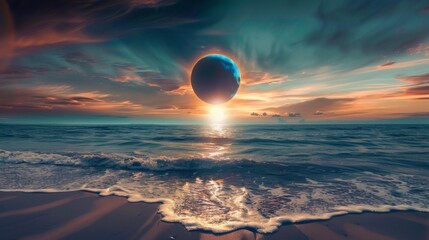 Solar eclipse illustration. Above the water