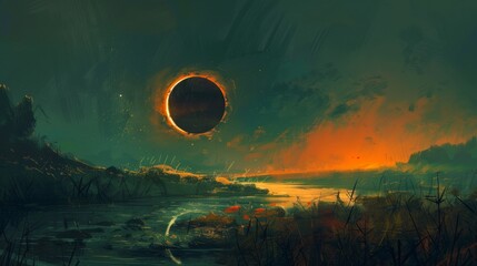 Solar eclipse illustration. Above the water